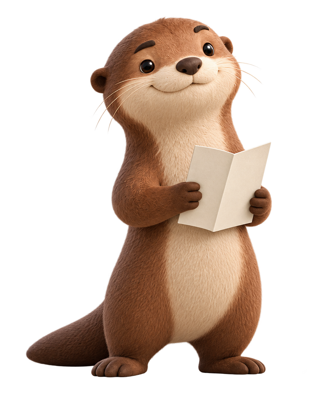 Otie, a warm cinnamon otter with expressive eyebrows, holding a small open book